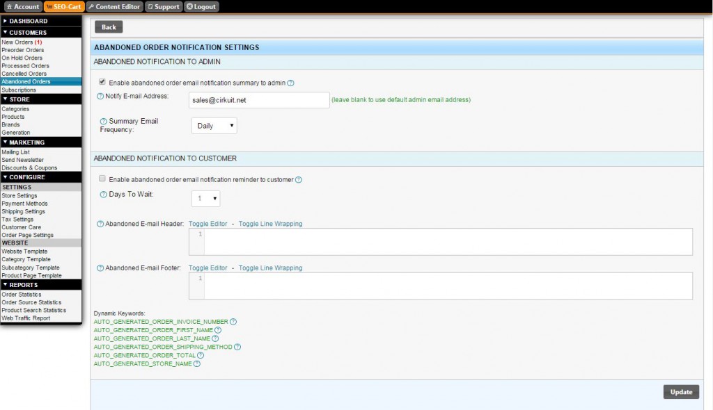 SEO-Cart Abandoned Orders Notifications Settings Screenshot