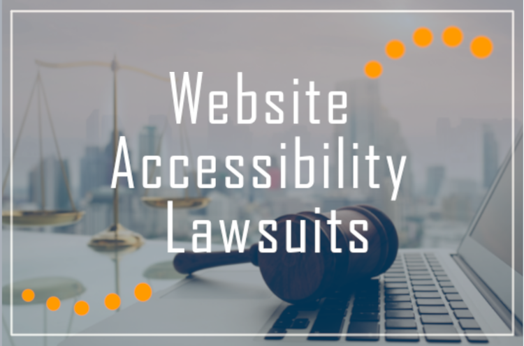 image of city in distant background with legal scale on left and laptop on right and a gavel in the middle on laying on the keyboard. text reads: website accessibility lawsuits