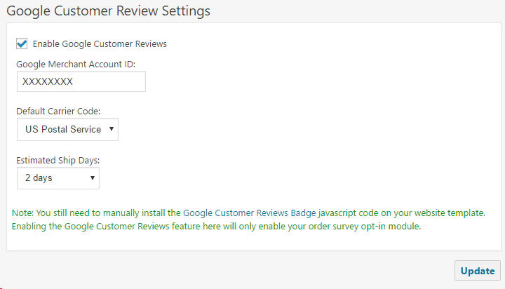 Google Customer Reviews Installation Settings